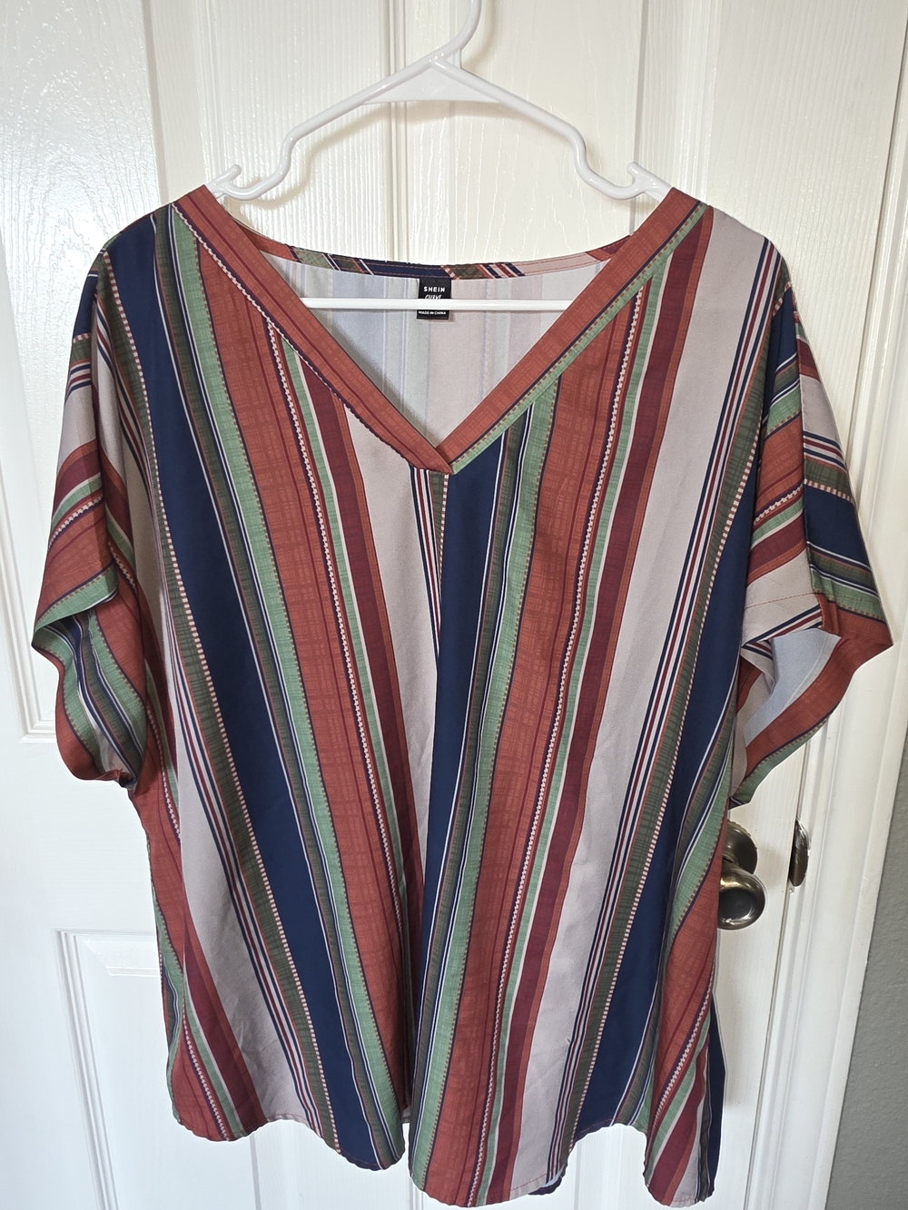 SHEIN Striped V-Neck Tunic in Navy, Rust, Green, Cream
